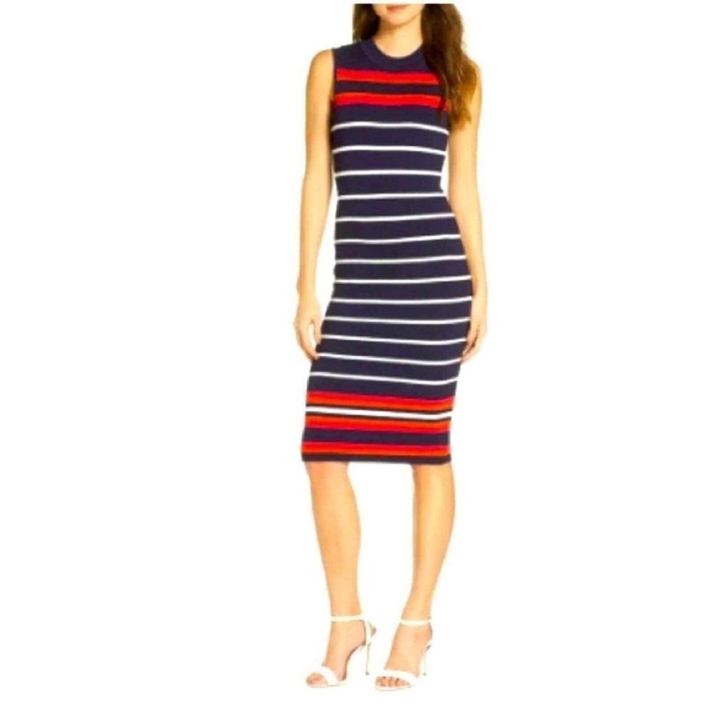 Eliza J Sleeveless Blue Black Pink Striped Bodycon Dress Small Stretch